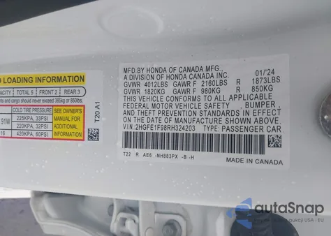 2024 Honda Civic Touring из США, поврежденный, VIN 2HGFE1F90RG324203